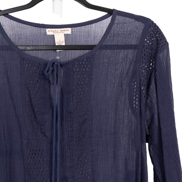 Studio West Peasant Blouse L Women NEW Blue Boho Sheer Crochet Tunic Bell Sleeve - Picture 2 of 6